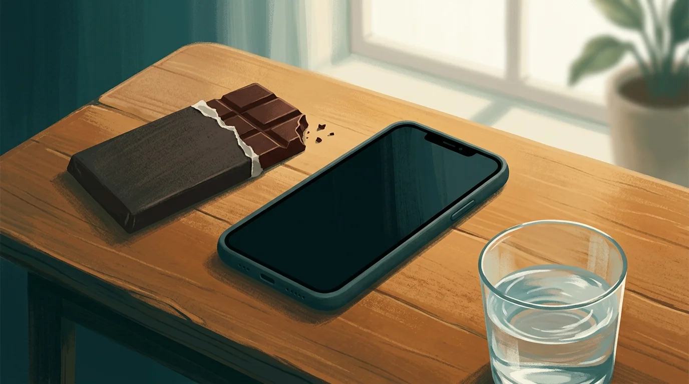 Chocolate bar beside a face-down smartphone on a wood table — digital detox trend 2026
