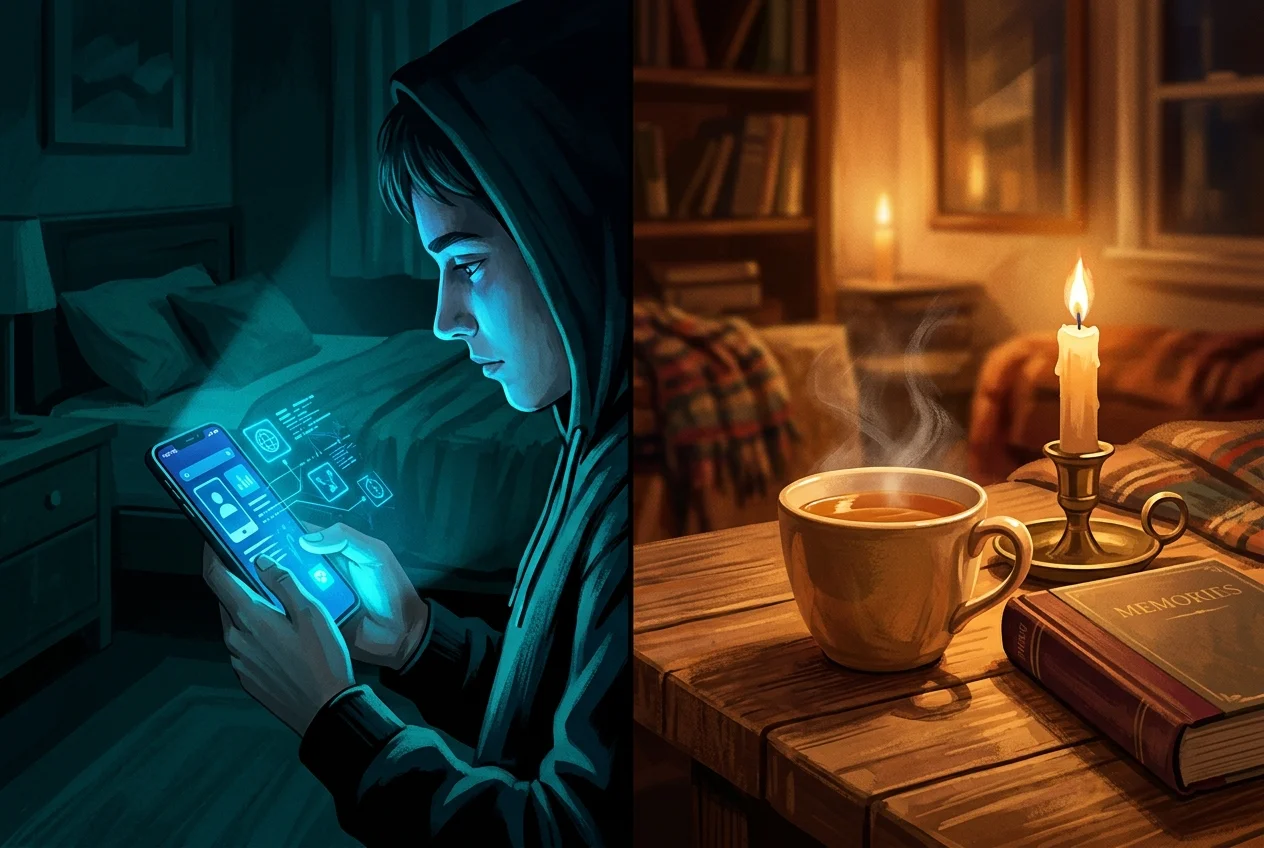 Split scene: glowing phone screen on one side, quiet cup of tea and book on the other