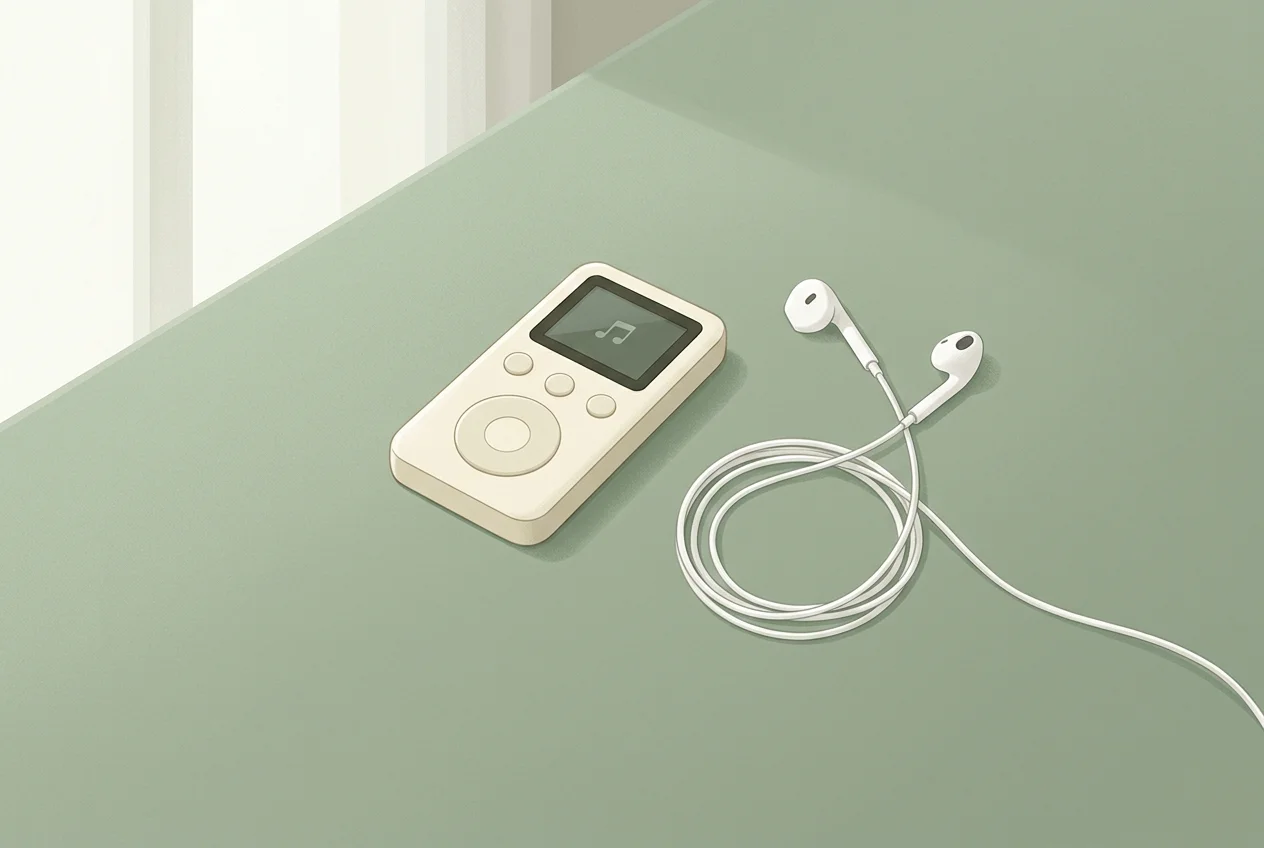 Vintage-style MP3 player and white earbuds on a clean sage-green surface, morning light, no phone present