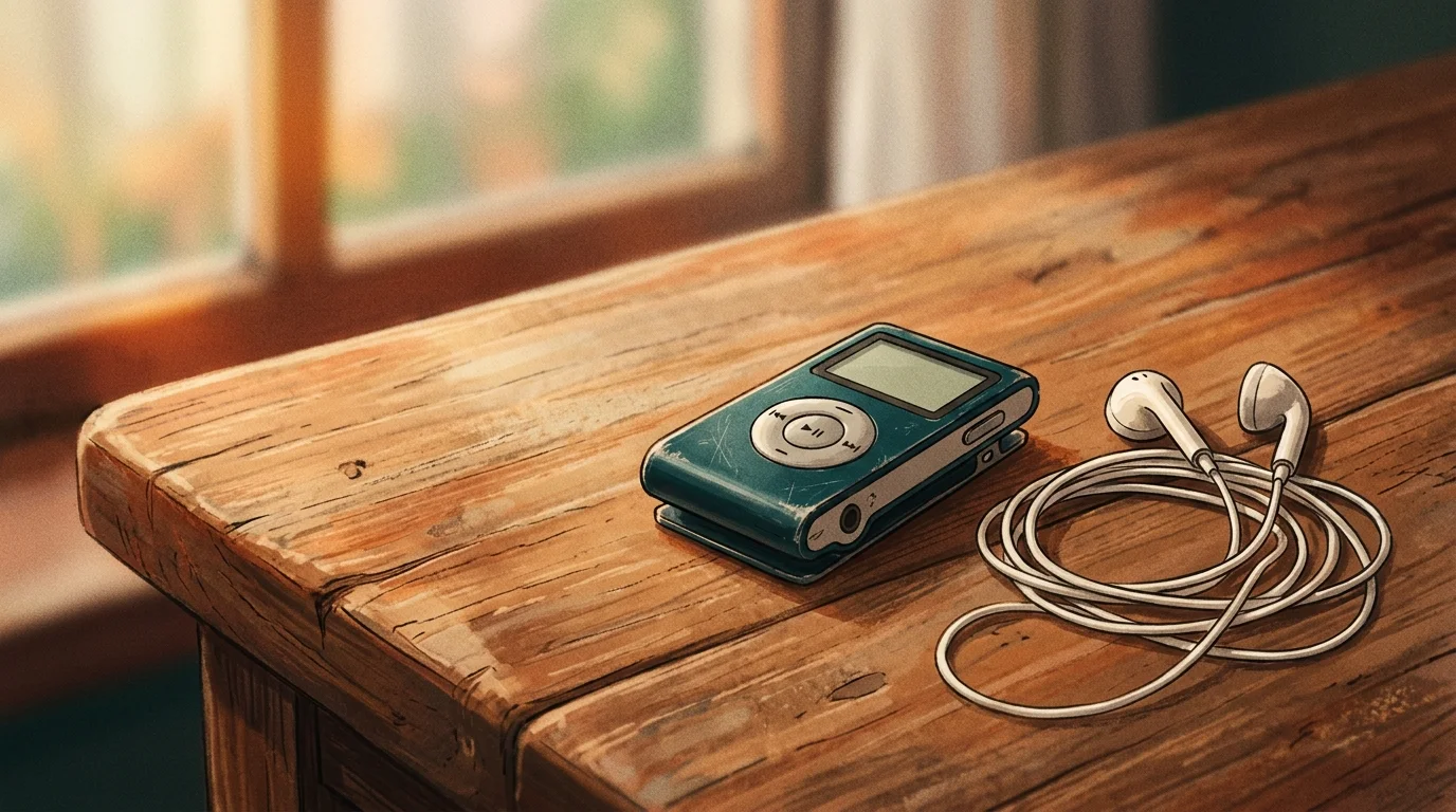 Small MP3 player with earbuds resting on a wooden surface, warm natural light, no smartphone visible