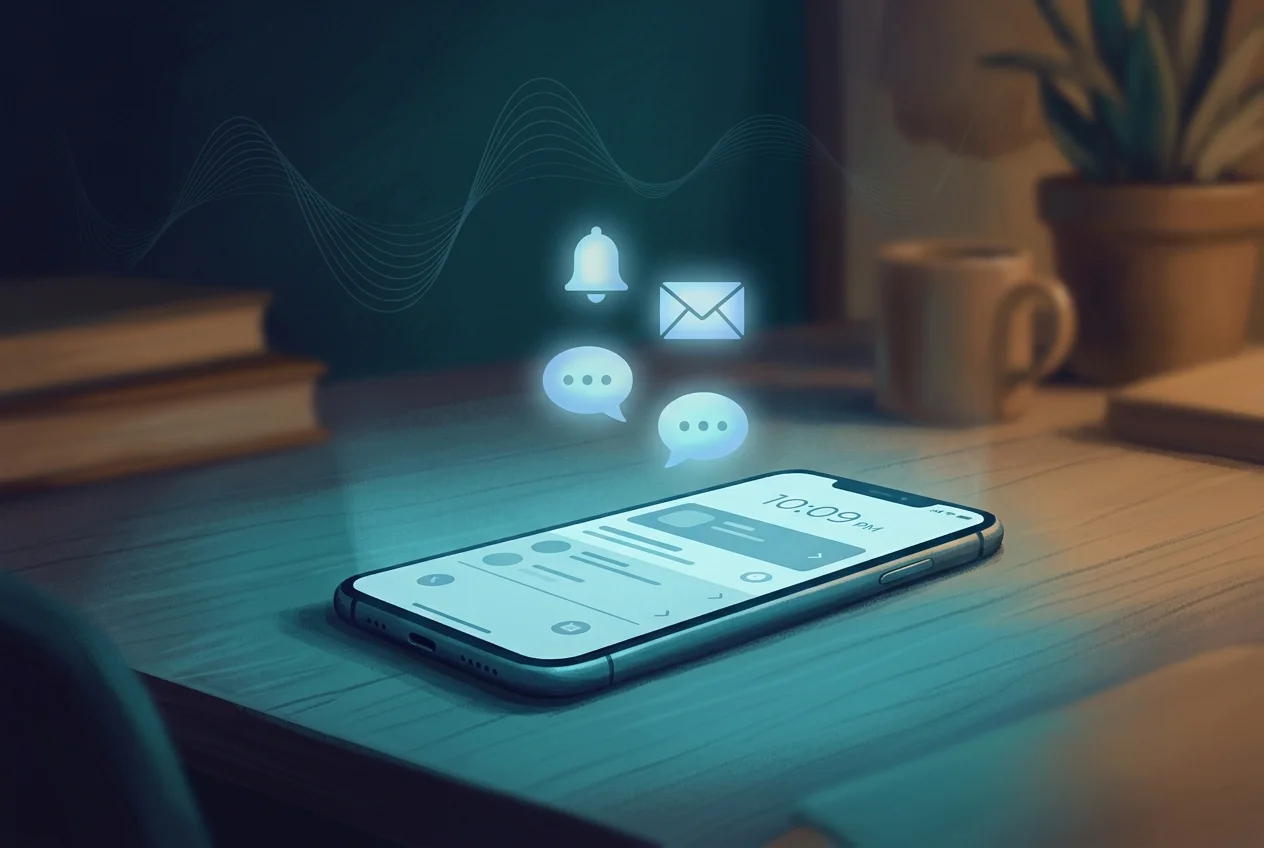 Smartphone face-up on a desk with notification bubbles floating above it, distracting from a music waveform in the background