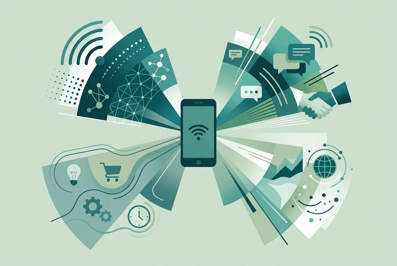 Four illustrated quadrants representing the dimensions of nomophobia: communication, connectedness, information access, and convenience