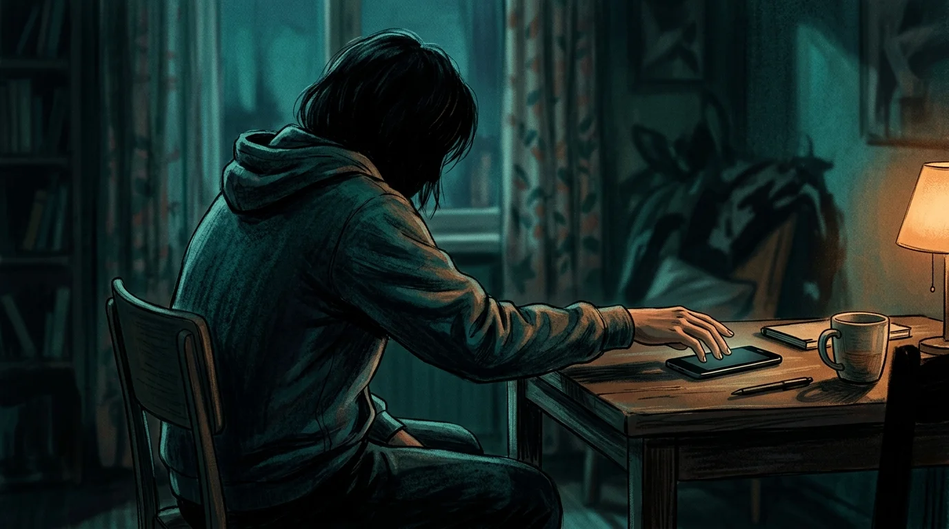 Person anxiously reaching for smartphone with low battery in a quiet room — nomophobia phone separation anxiety