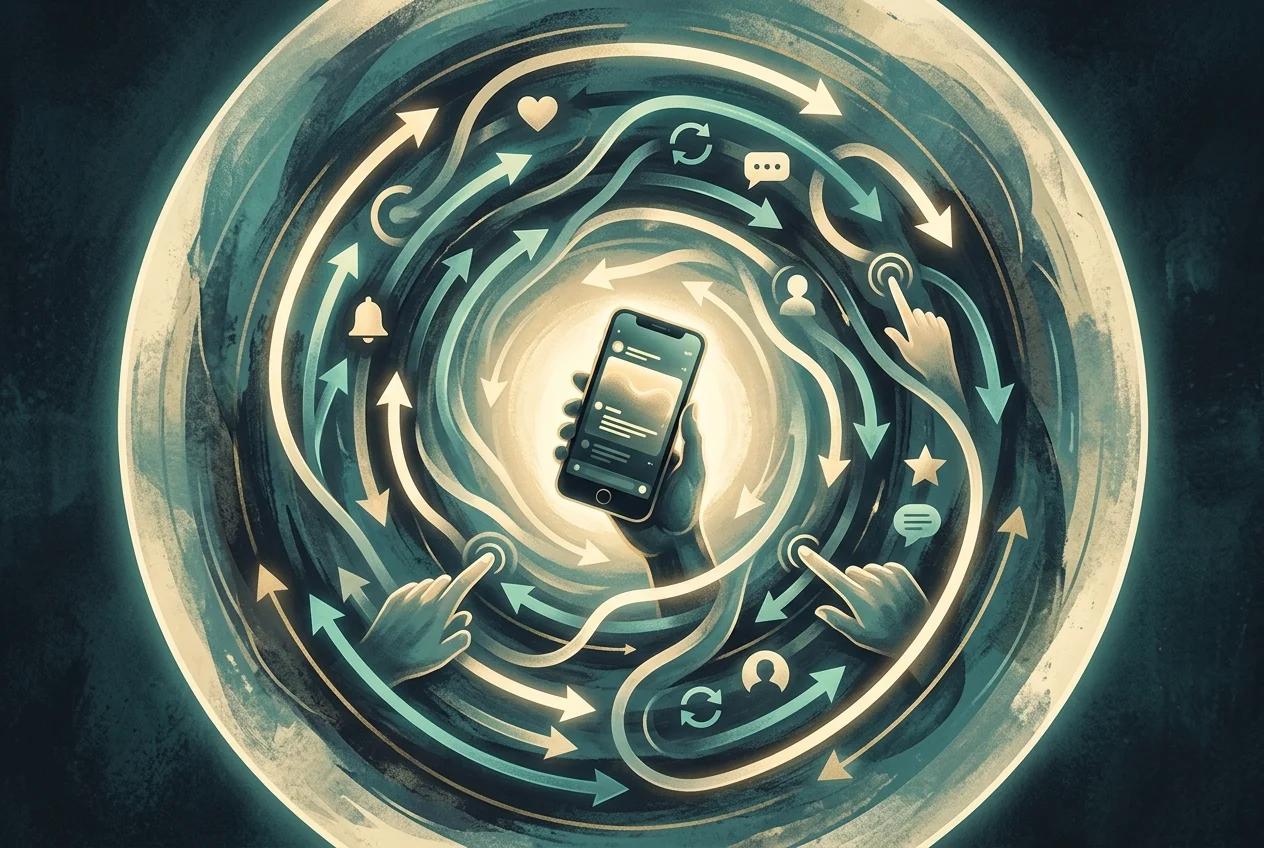 Circular diagram showing nomophobia escalation cycle from separation anxiety to checking behavior to temporary relief and back to dependence