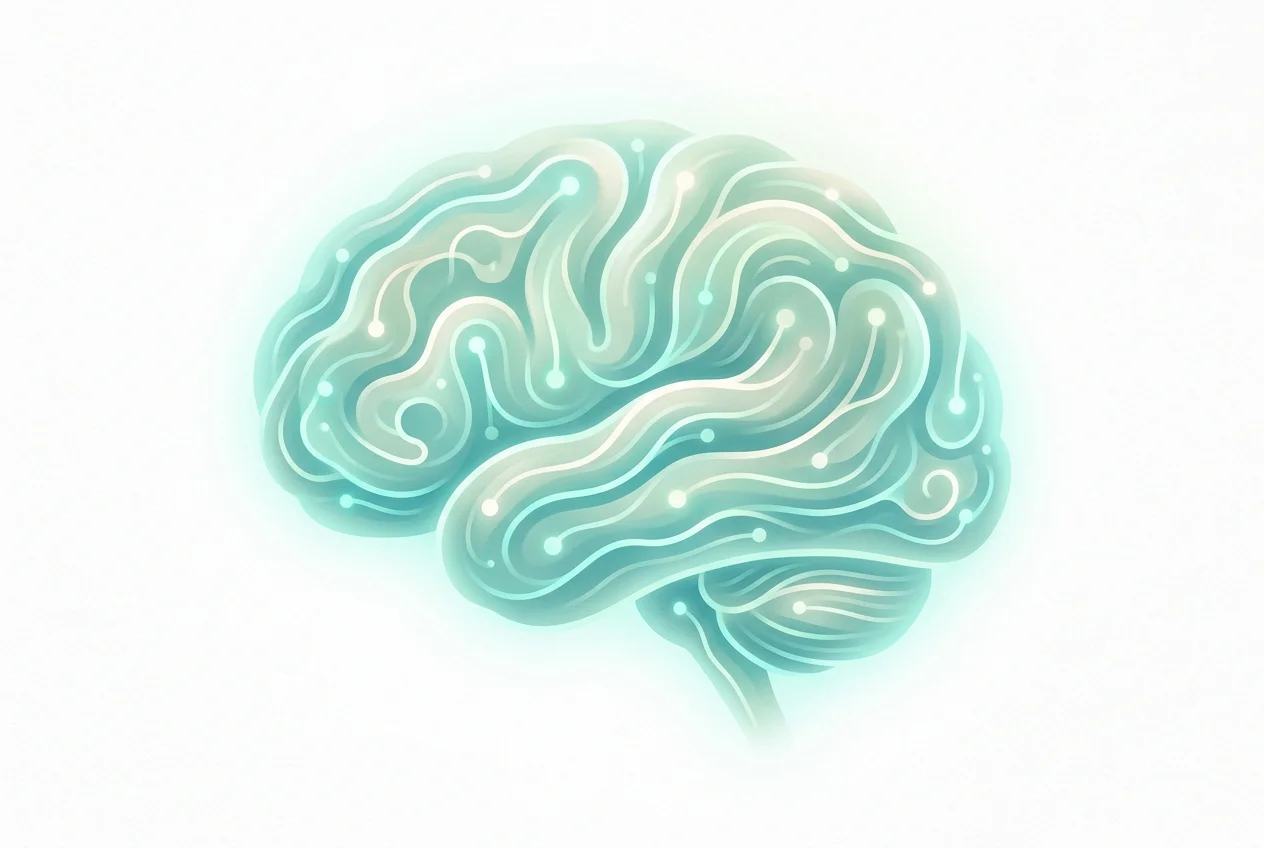 Abstract illustration of calm neural patterns, soft teal and warm neutral glow, peaceful brain activity visualization
