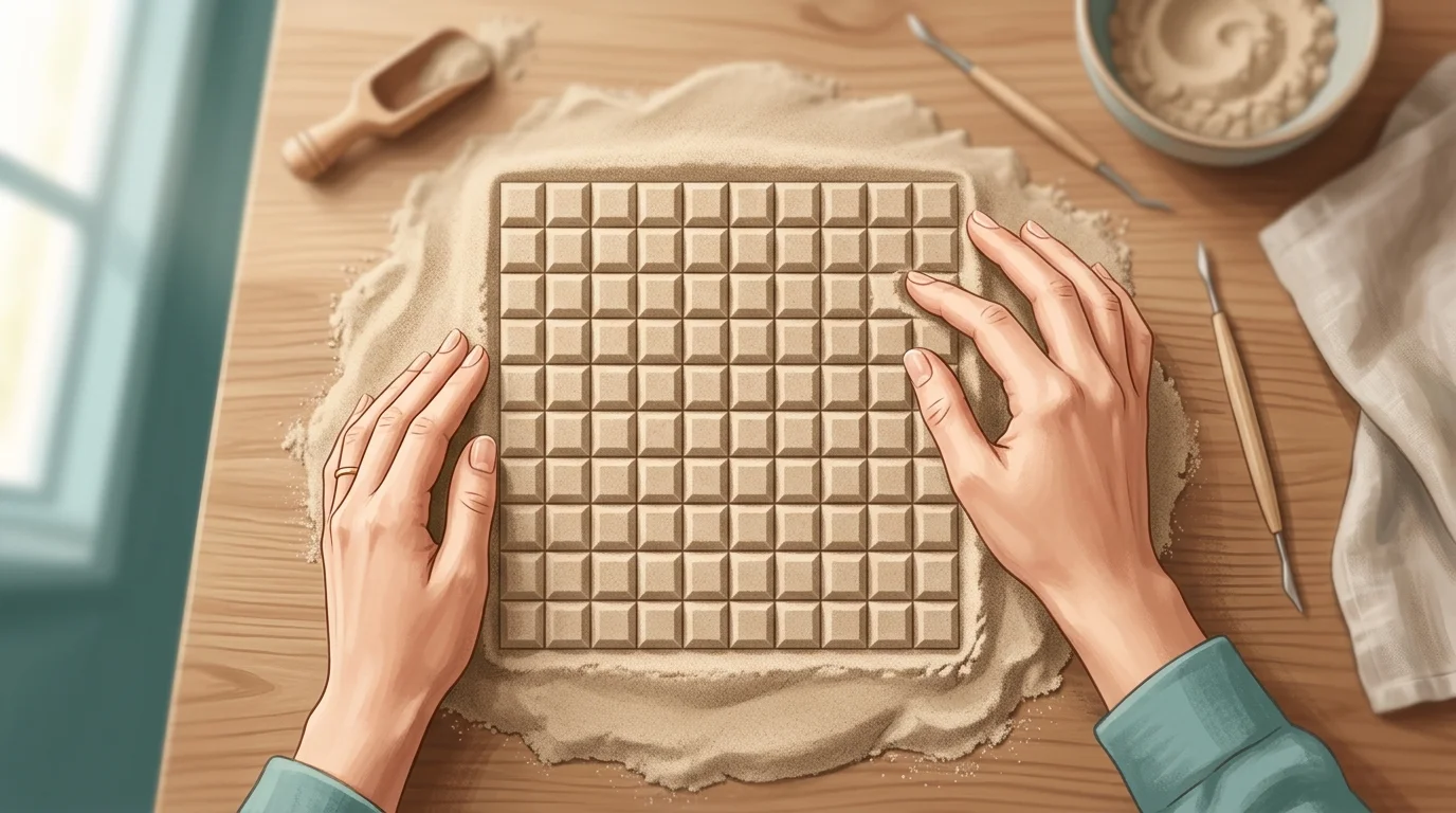 Close-up of a hand smoothing kinetic sand into a perfect grid — oddly satisfying visual with teal and warm sand tones