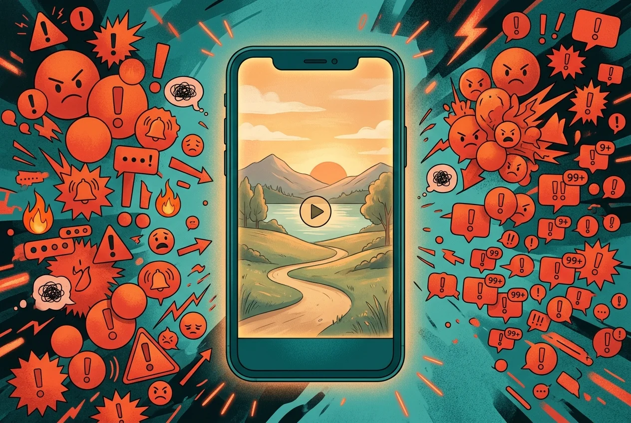 Phone screen showing a calming sand video surrounded by anxious notification badges, digital calm versus stress contrast
