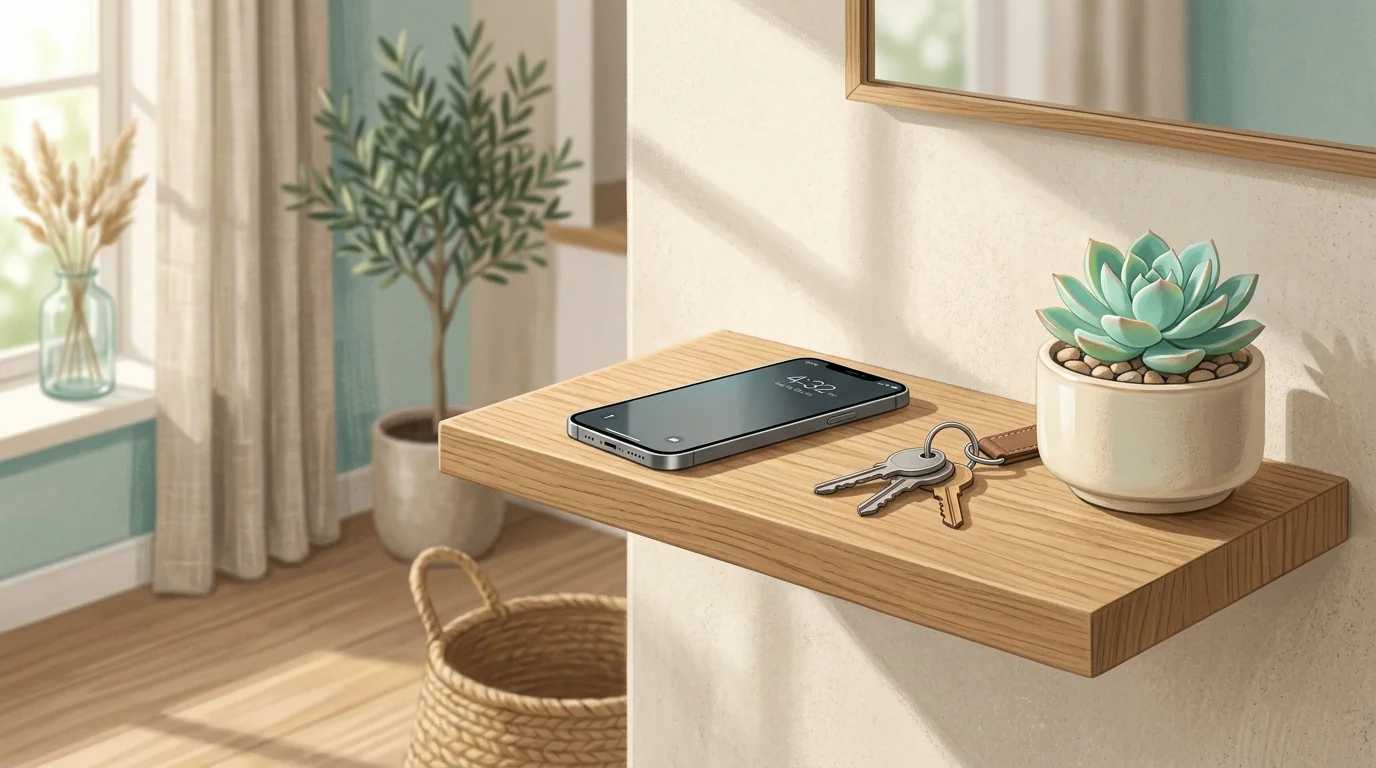 Smartphone resting on a minimalist entryway shelf beside keys and a glass of water, soft natural light