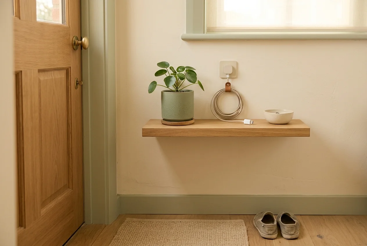 Minimalist entryway shelf with a phone charger, keys, and a small plant — a calm phone-free home zone
