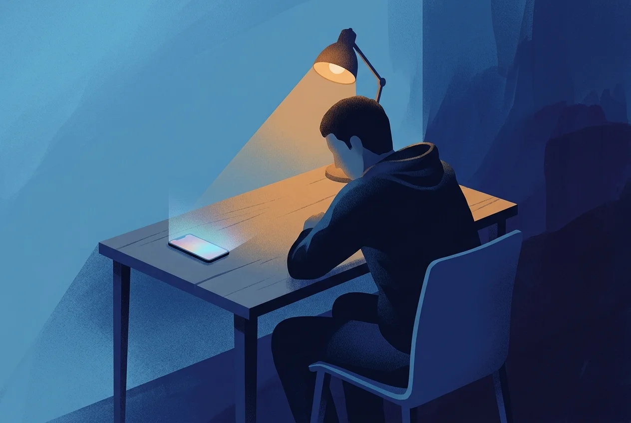 Person at a clean desk trying to focus while a glowing phone sits nearby pulling attention