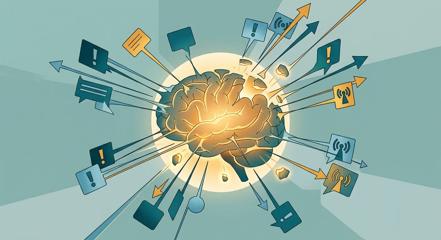 Abstract illustration of a brain surrounded by swirling news headlines and notifications, overwhelmed by information overload