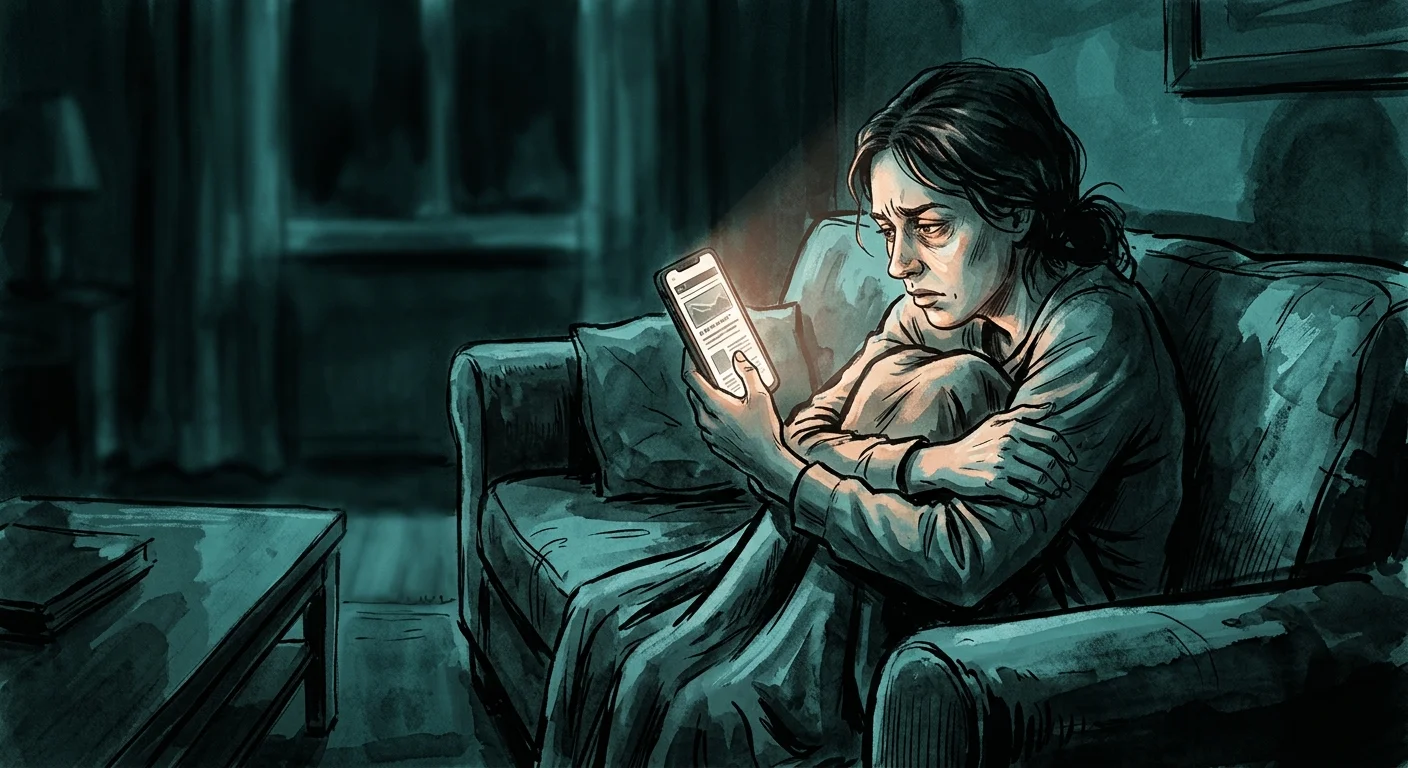 Person sitting alone at night reading political news on a glowing phone screen, looking stressed and overwhelmed