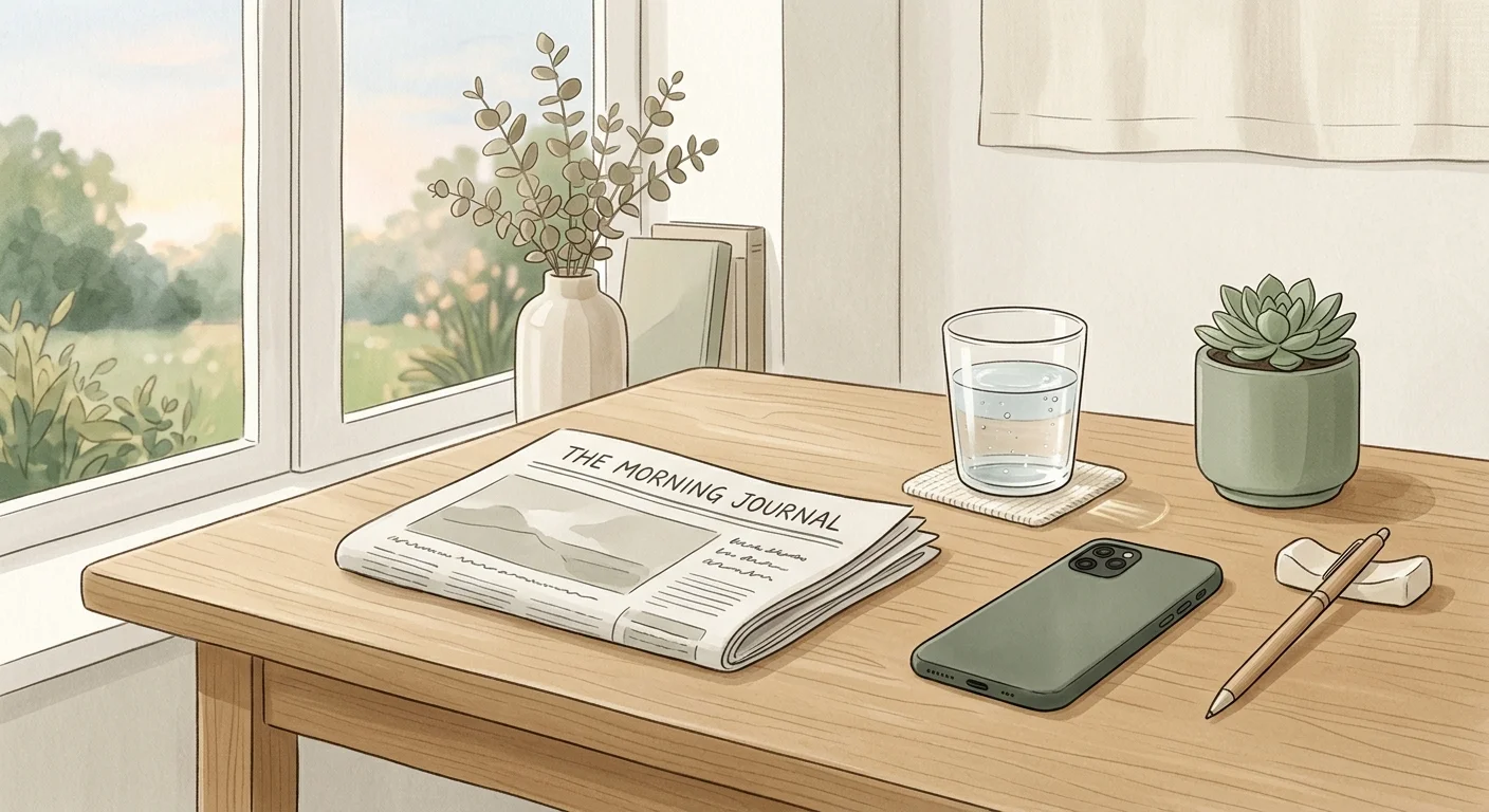 Clean desk with a physical newspaper, a glass of water, and a phone face-down — intentional news consumption setup