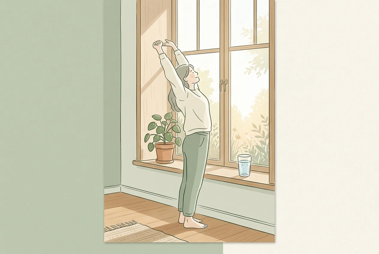 Person standing and stretching near a window during a work break, soft natural light, sage green tones