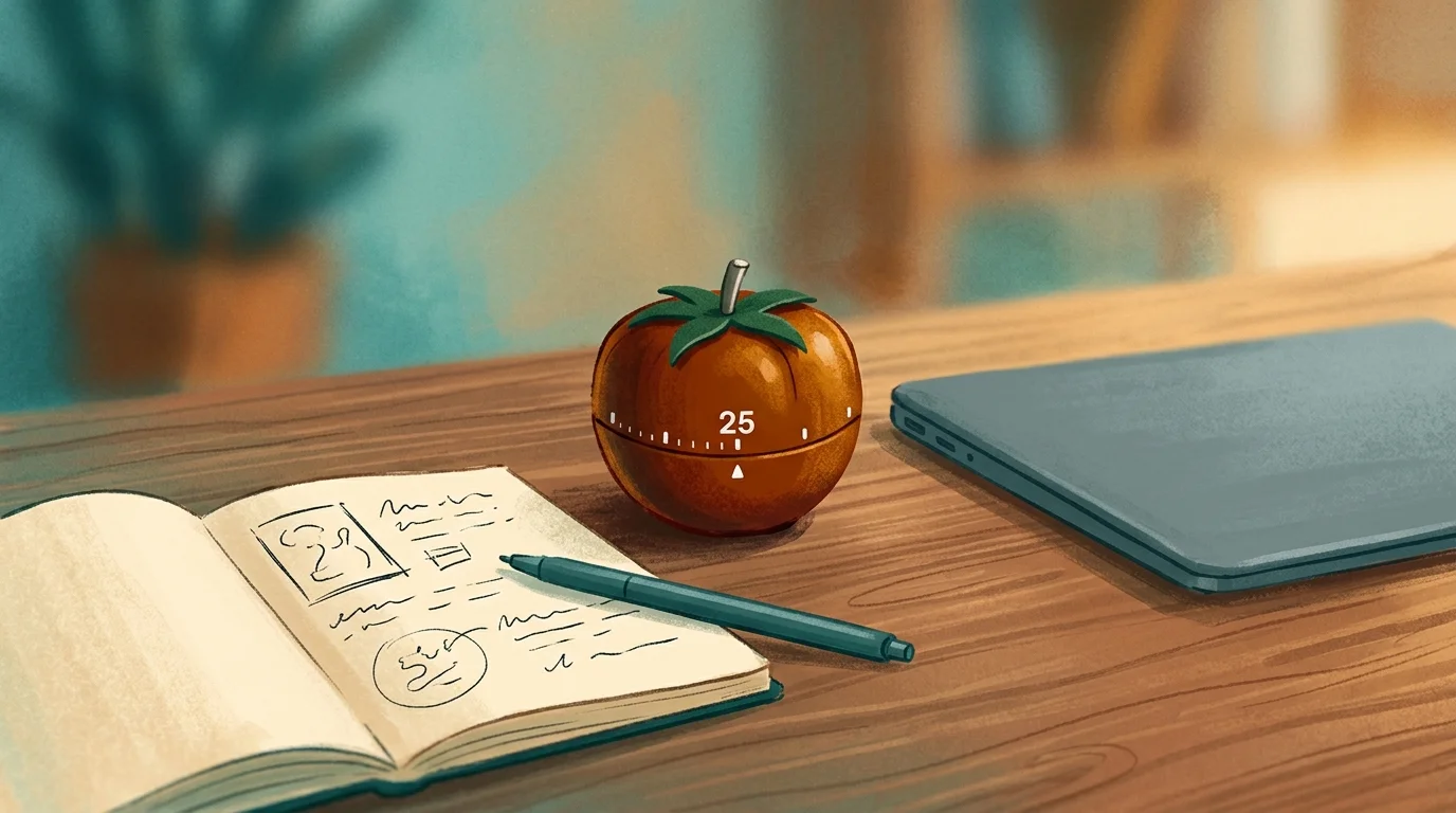 A kitchen timer set to 25 minutes on a clean desk beside a closed laptop, teal and warm tones