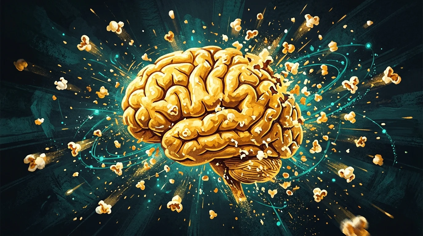 Abstract illustration of a brain made of popcorn kernels popping, representing fragmented attention from doomscrolling