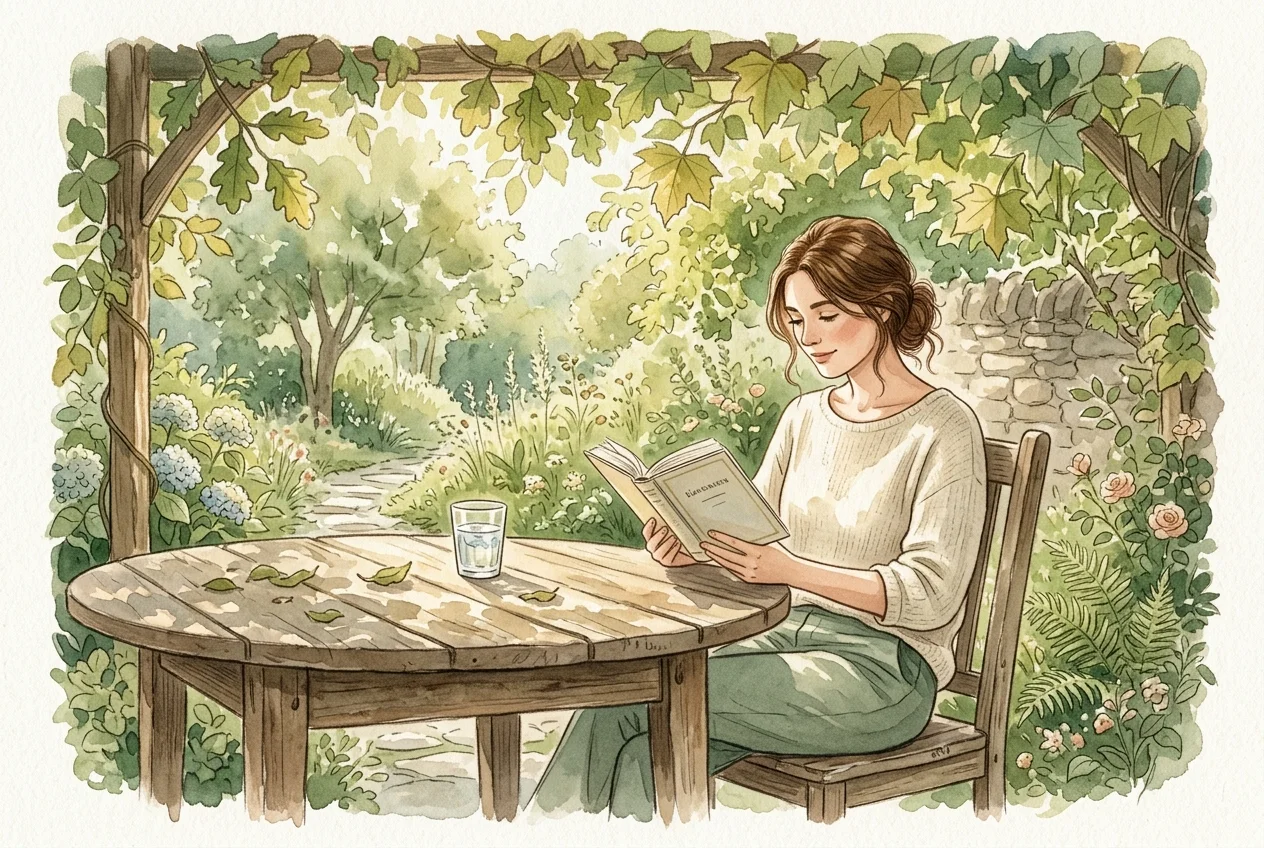 Person reading a book outdoors at a wooden table with a glass of water nearby, peaceful and focused