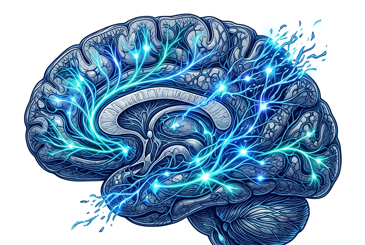 Neural pathways illustration showing attention circuits being rewired by rapid short-form content consumption