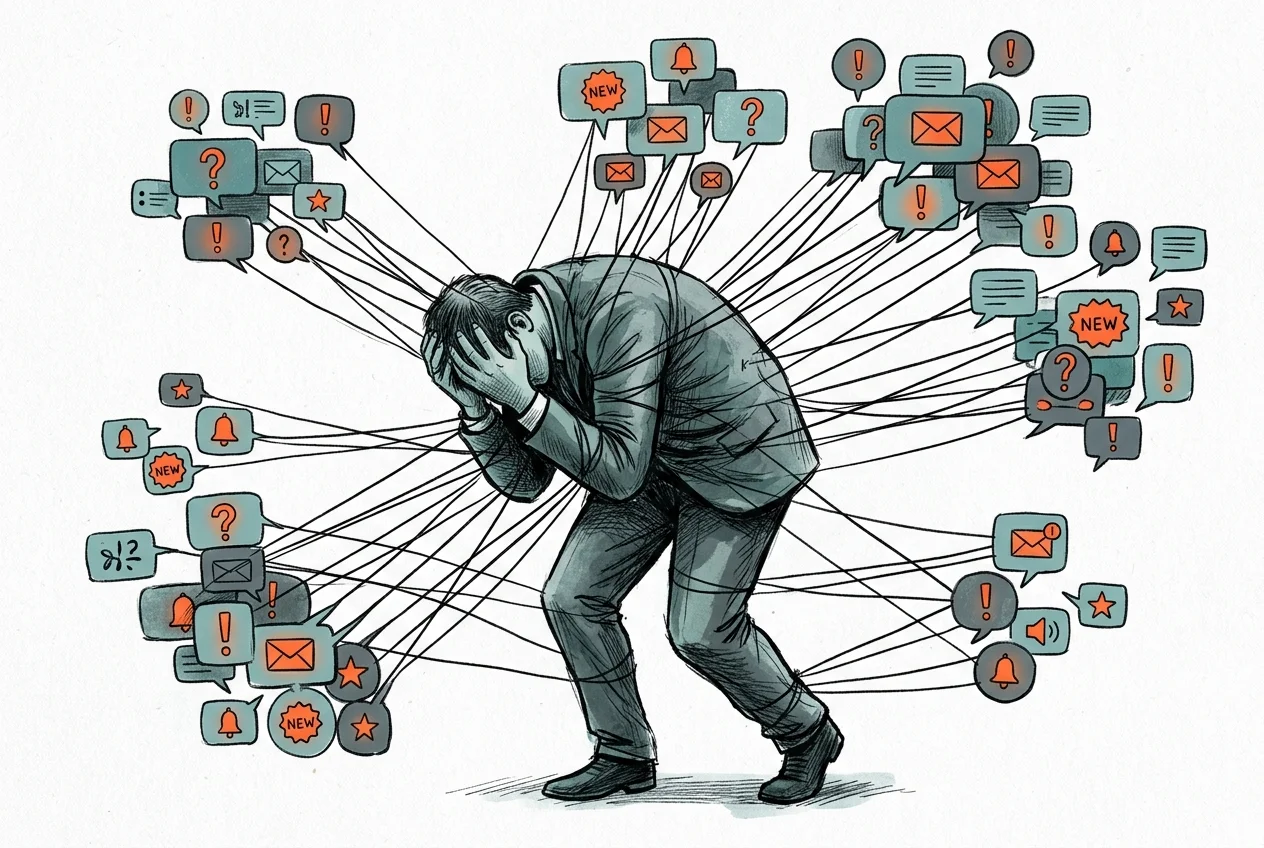 Conceptual illustration of notification alerts pulling a person's attention in multiple directions