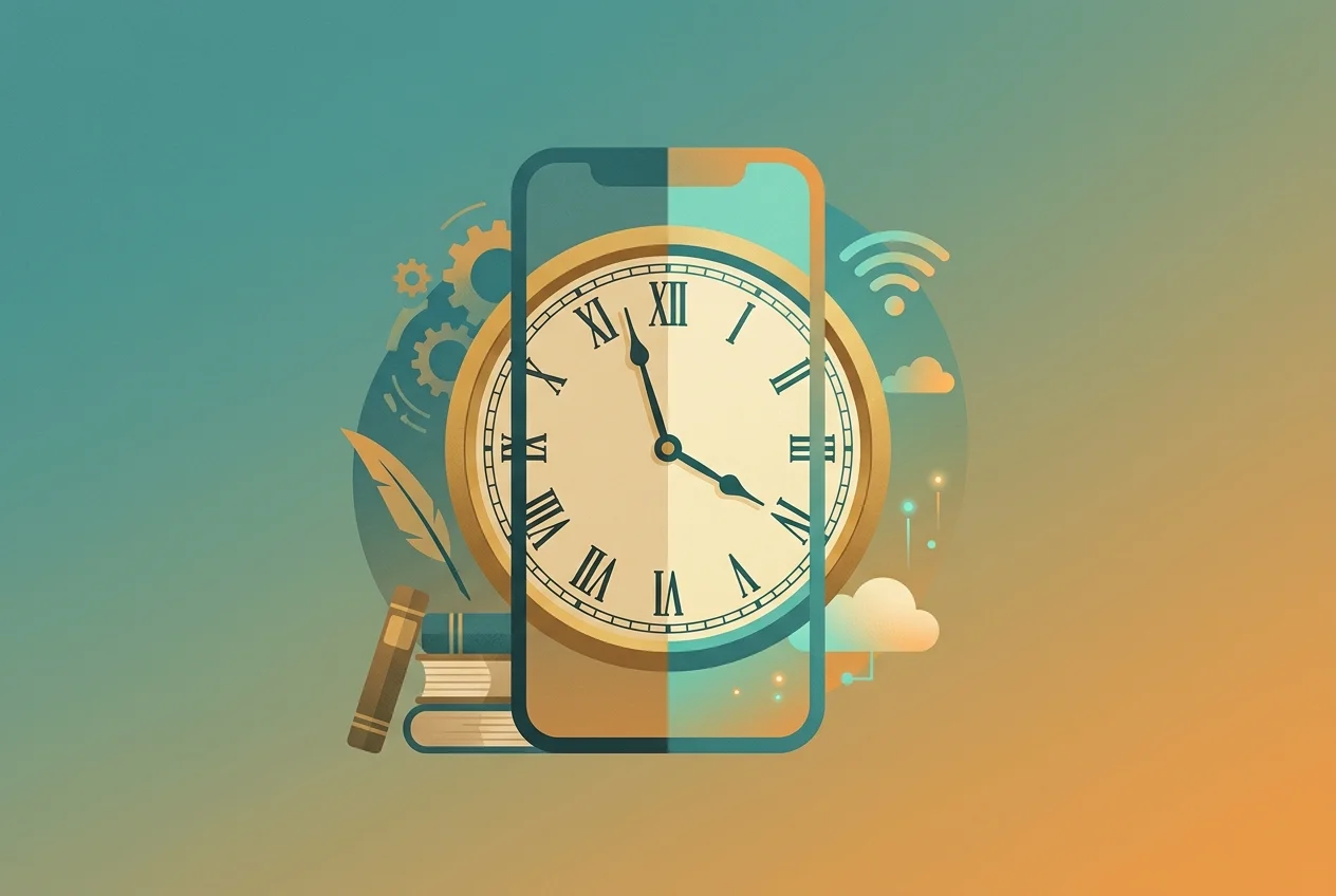 Timeline illustration showing shift from analog daily life to always-on smartphone use