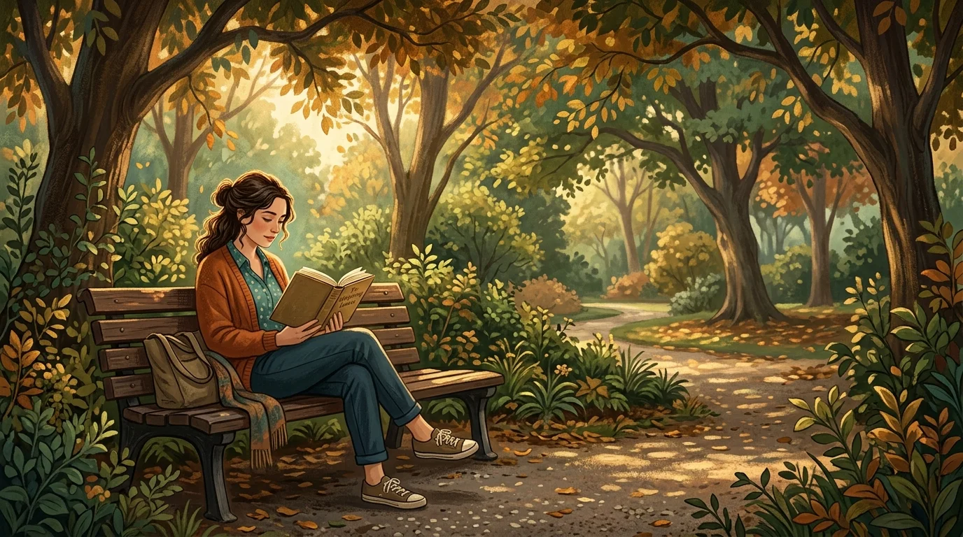 Person sitting alone in a quiet park with a book, soft afternoon light, no phone in sight