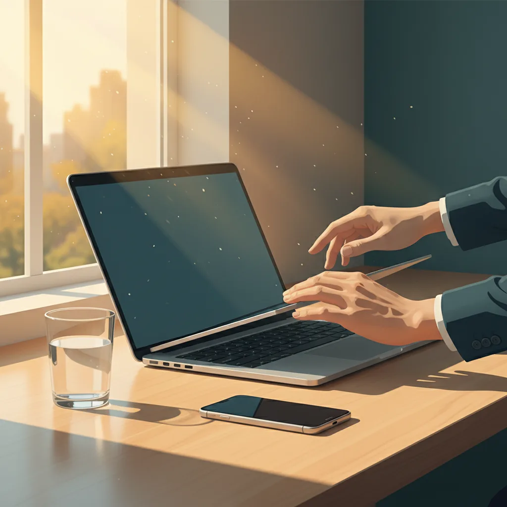 Person closing a laptop at the end of a workday with a glass of water and phone placed aside, quiet quitting boundary setting