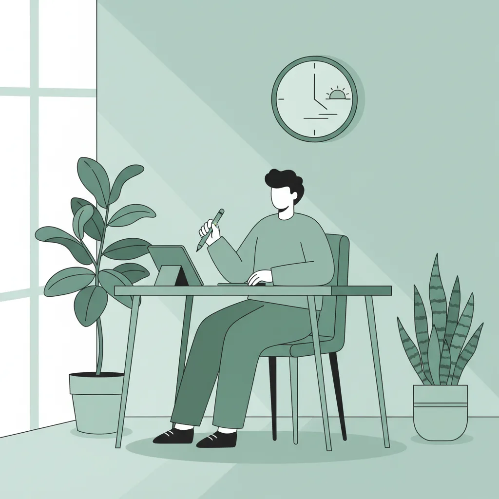 Person at a tidy desk checking a clock at 5pm while coworkers continue staring at screens after hours