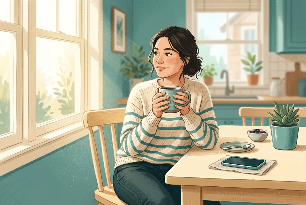 Person sitting at a kitchen table with morning coffee, phone face-down, looking calm and unhurried