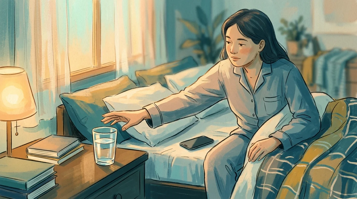 Person sitting up in bed reaching for a glass of water instead of their phone on a calm morning