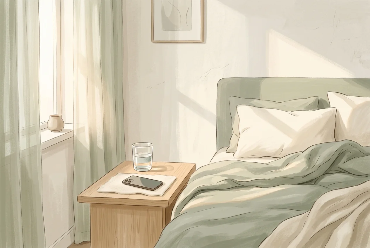 Soft morning light streaming through a window onto a bedside table with a glass of water and phone face-down
