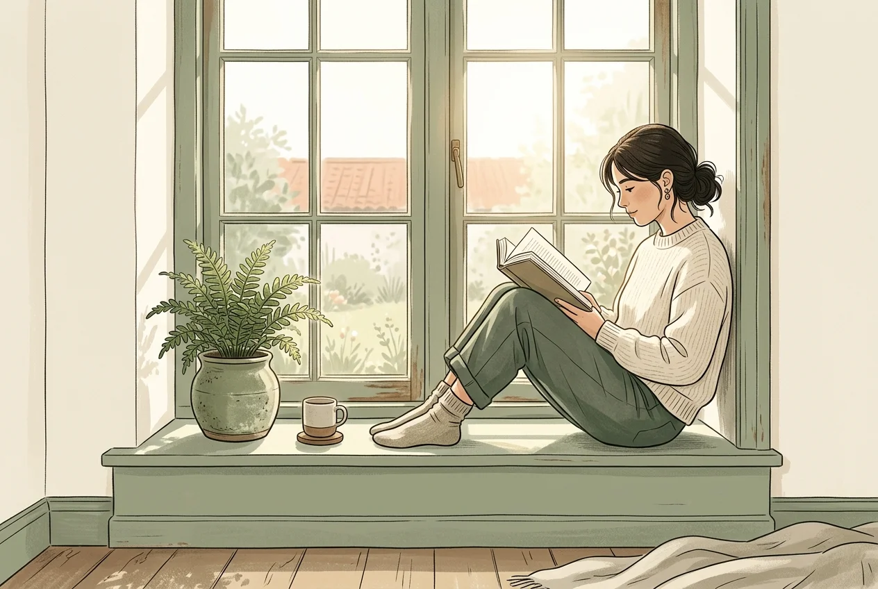Person sitting calmly reading a book outdoors, phone nowhere in sight, peaceful morning light, wellness atmosphere