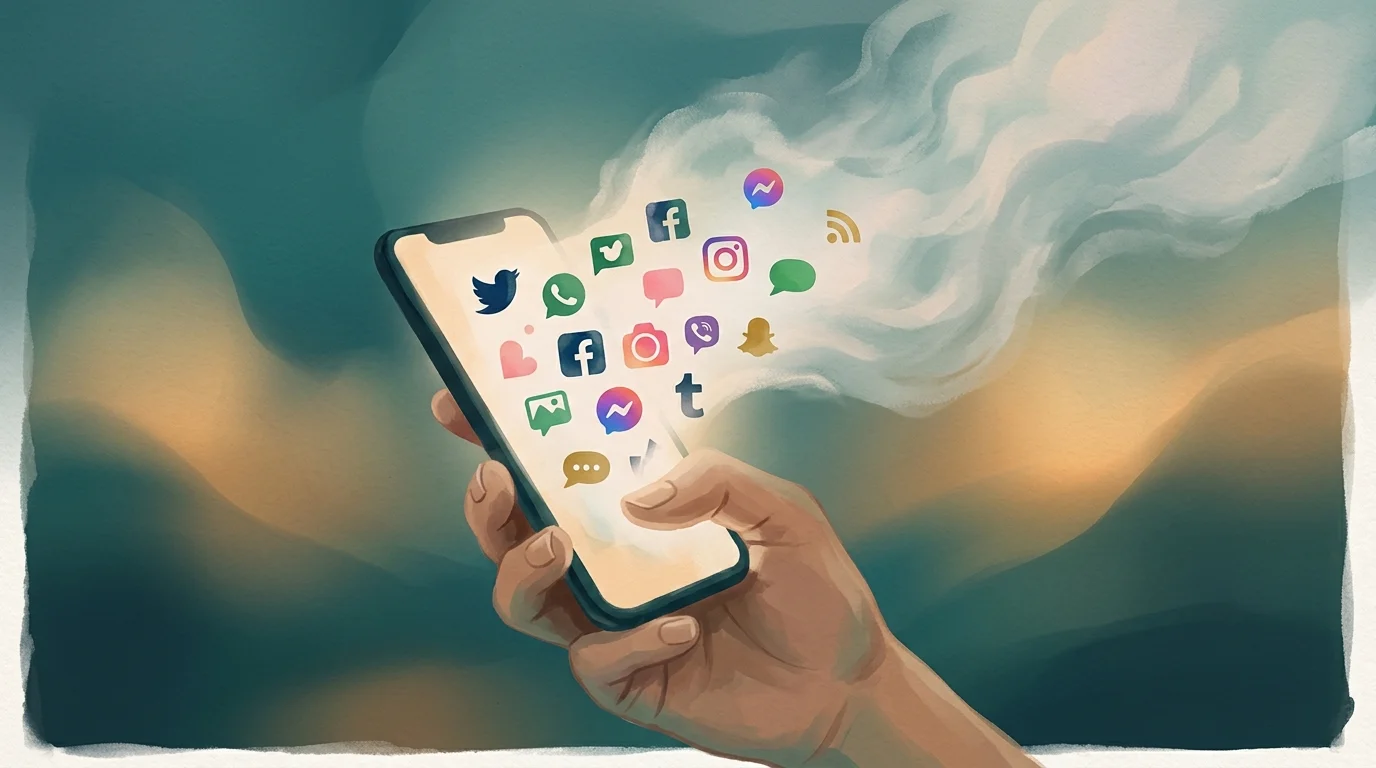 Person holding smartphone with social media app icons fading away, calm thoughtful atmosphere, teal and warm tones