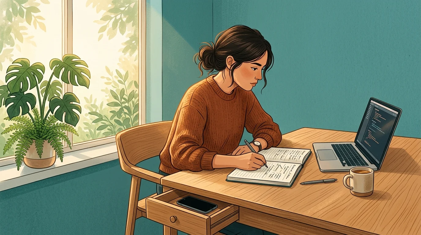 Person sitting at desk with focused expression, phone in drawer, reading comprehensively on laptop