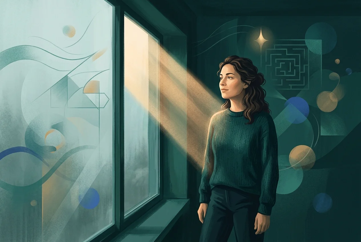 Person standing by a window in focused contemplation, single beam of light, calm and clear atmosphere