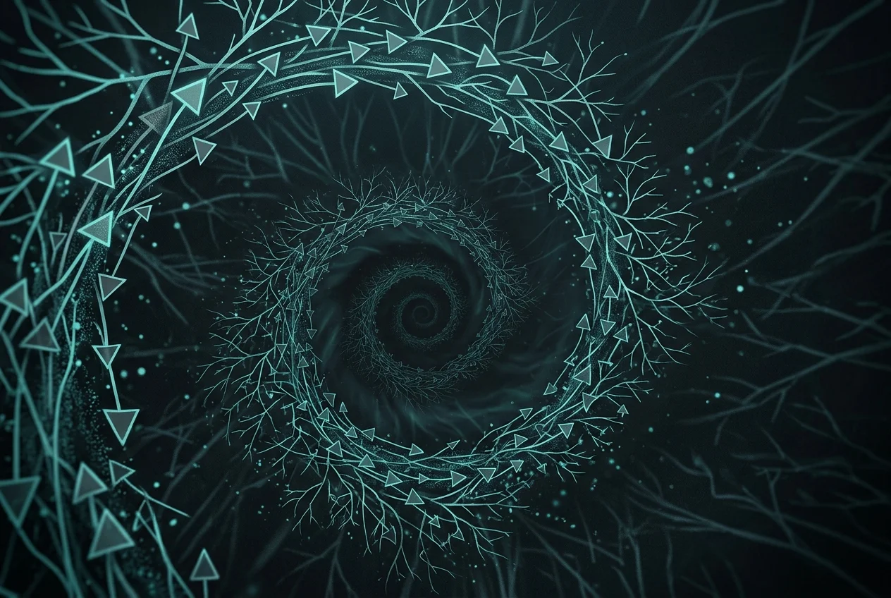 Abstract illustration of endless upvote arrows and comment chains spiraling downward into an infinite digital void
