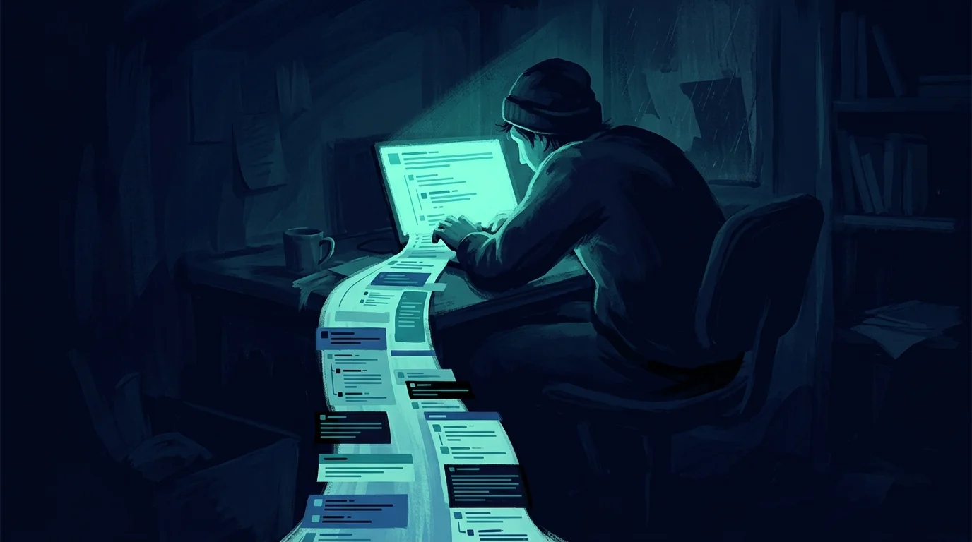 Person deep in a Reddit thread rabbit hole late at night, screen glow illuminating a dark room, endless comment chains visible