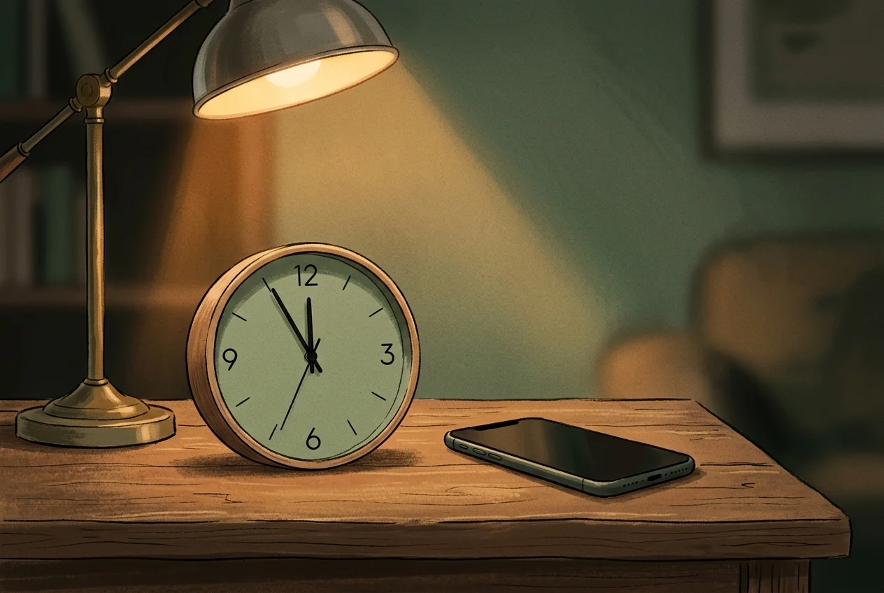 Clock on a desk next to a phone showing time passing unnoticed while deep in a Reddit session