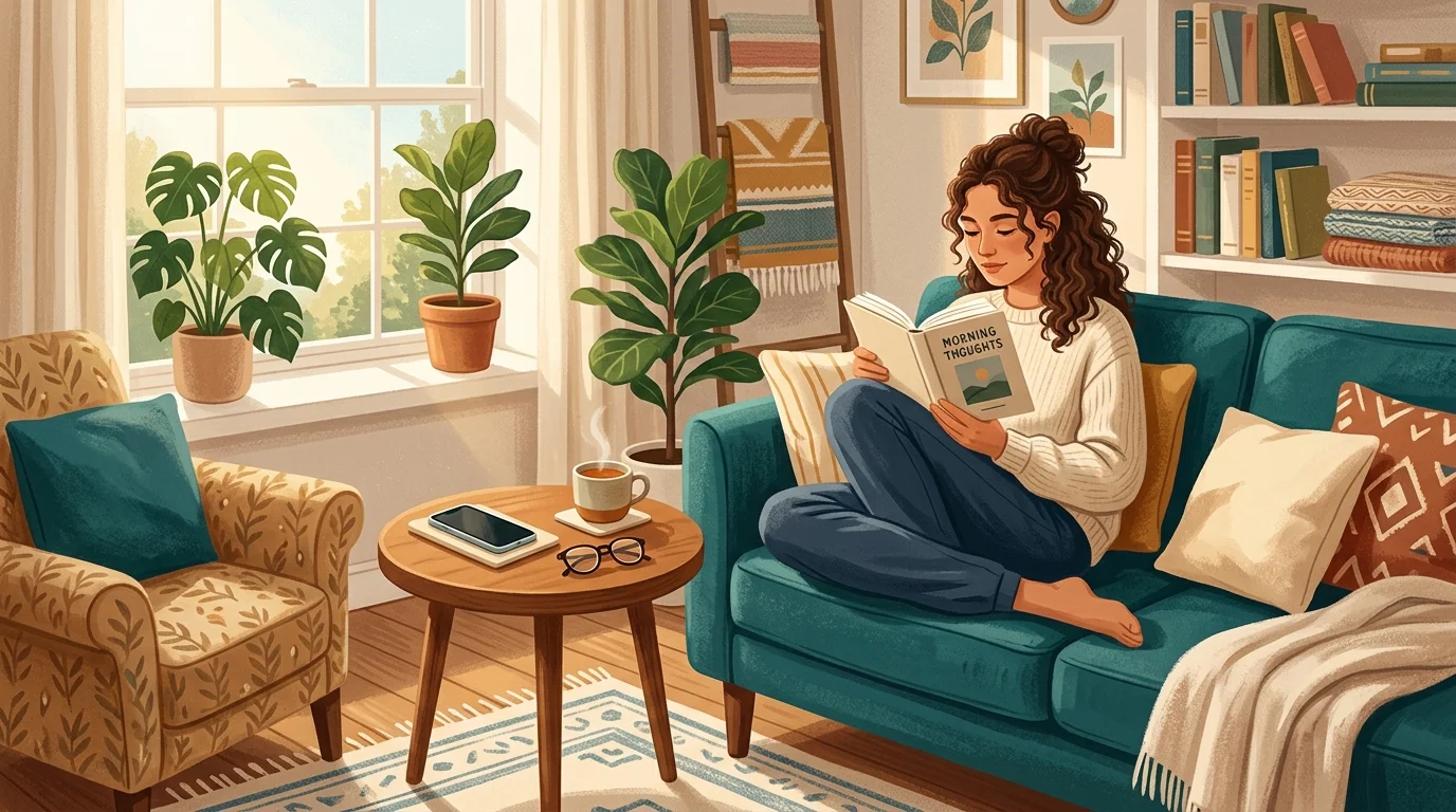 Person sitting peacefully with a book instead of a phone, soft morning light, reduce screen time