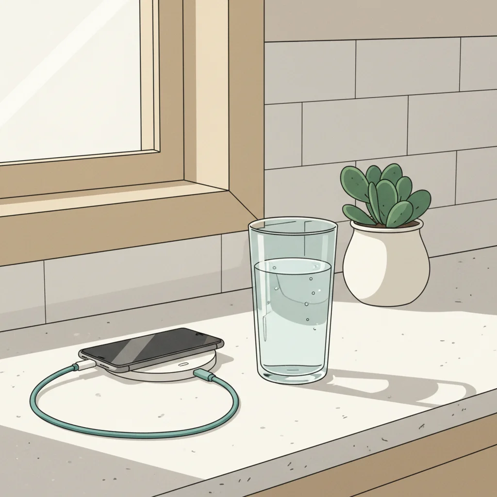 Clean kitchen countertop with phone on charger, glass of water nearby, calm morning environment for reducing screen time