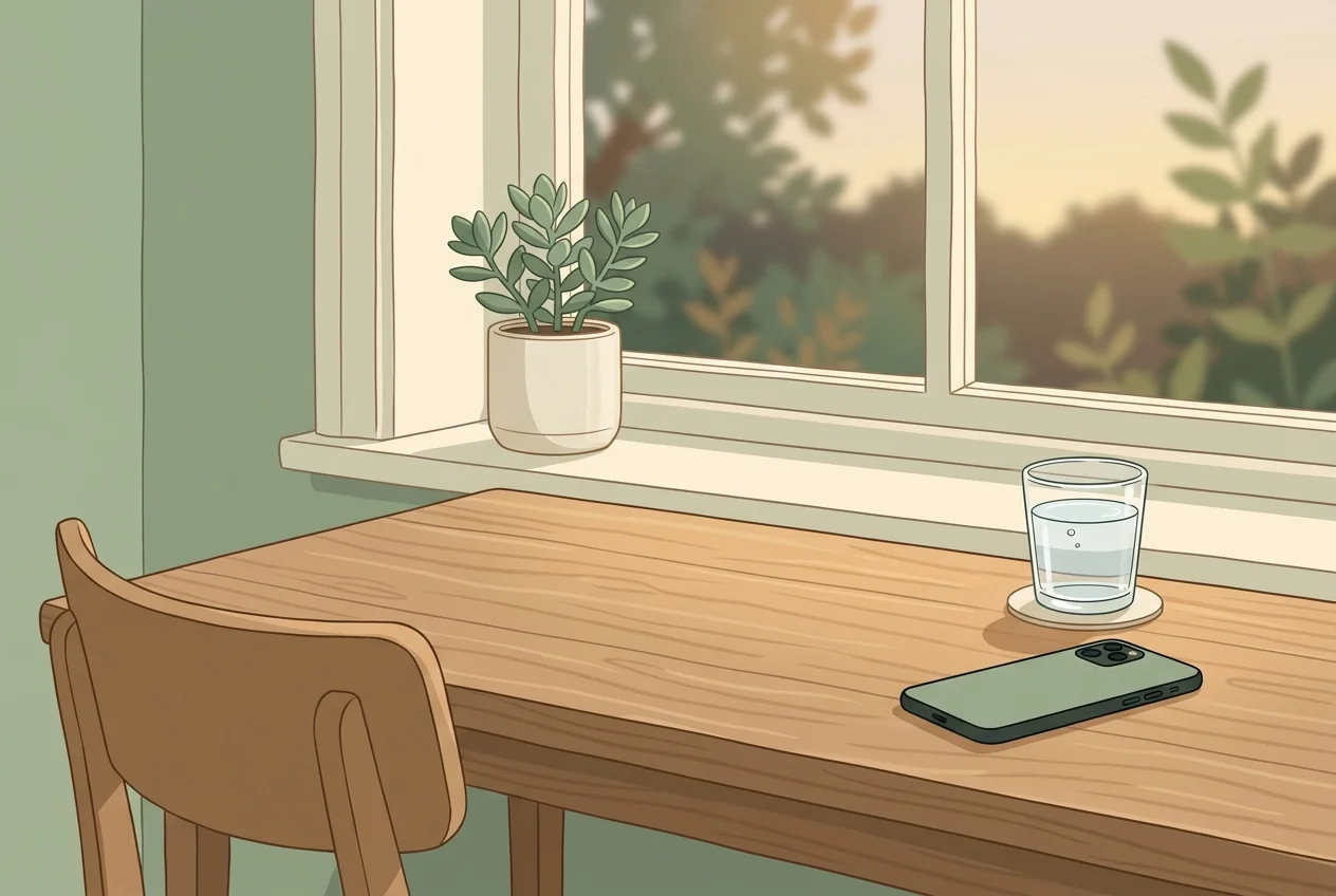 Closed laptop and phone placed face-down on a clean wooden desk beside a glass of water — end-of-day boundary ritual