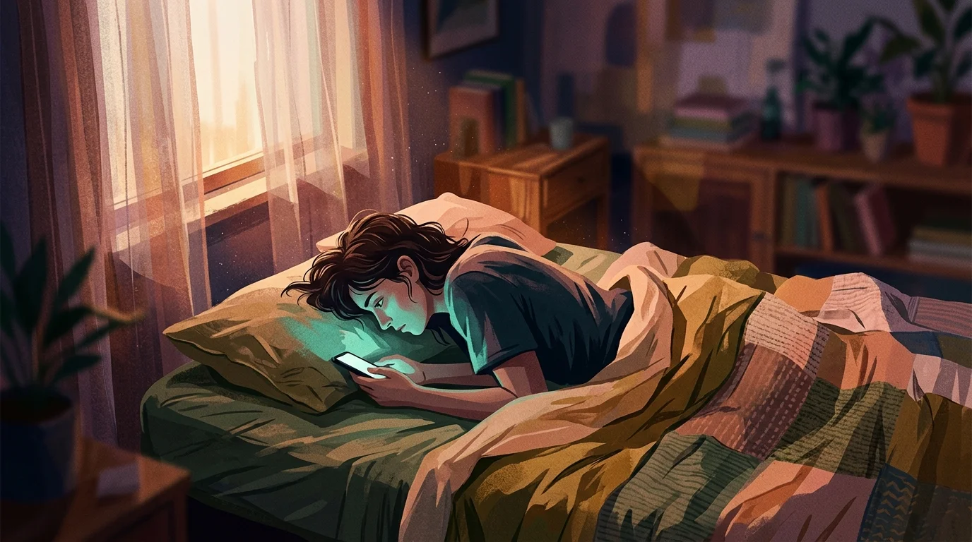 Person lying in bed at dawn with a glowing smartphone, morning light through curtains, posture suggesting screen time and anxiety