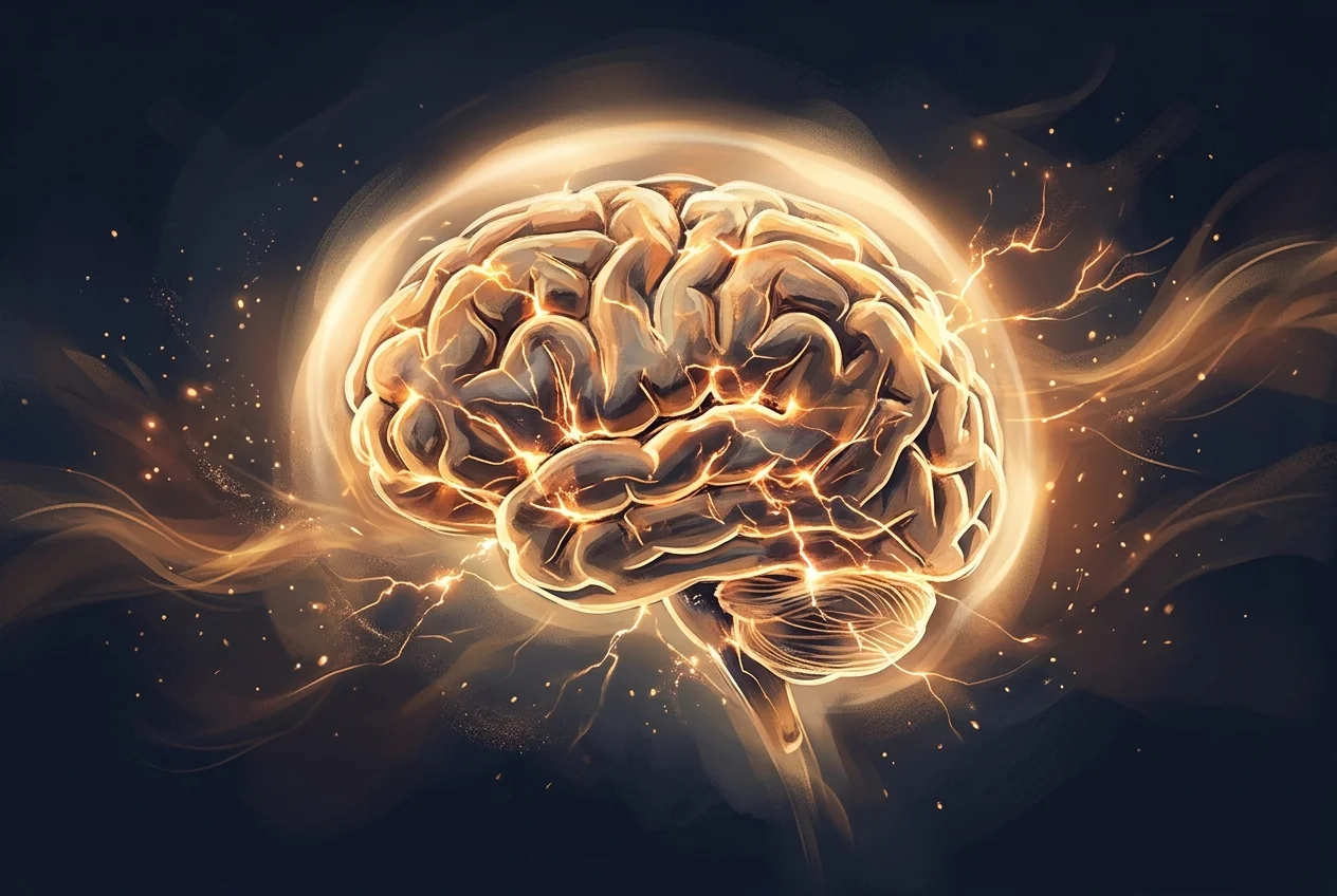 Abstract illustration of a brain in an elevated alert state, warm amber tones, neural pathways glowing