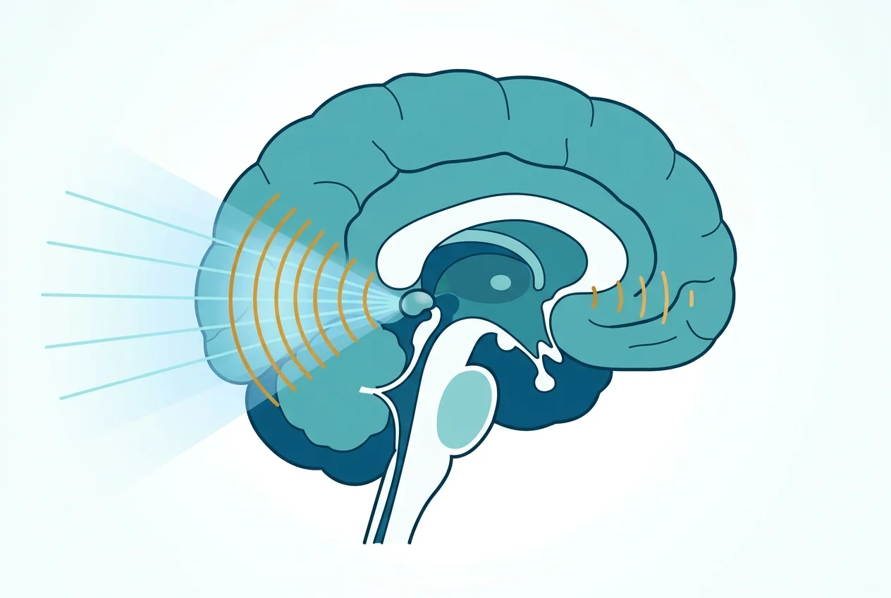 Cross-section illustration showing melatonin production in the brain being suppressed by blue screen light