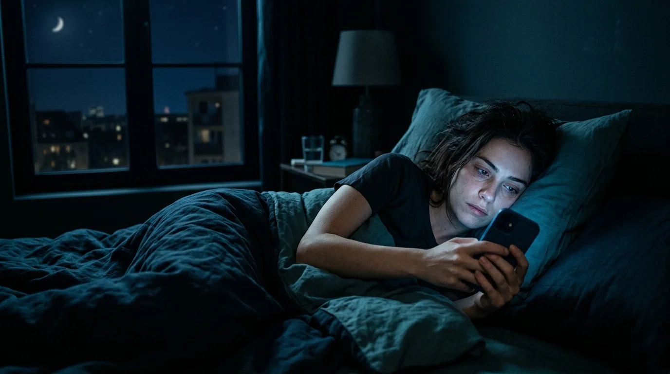 Person scrolling on phone in bed at night, blue light illuminating their face in a dark room