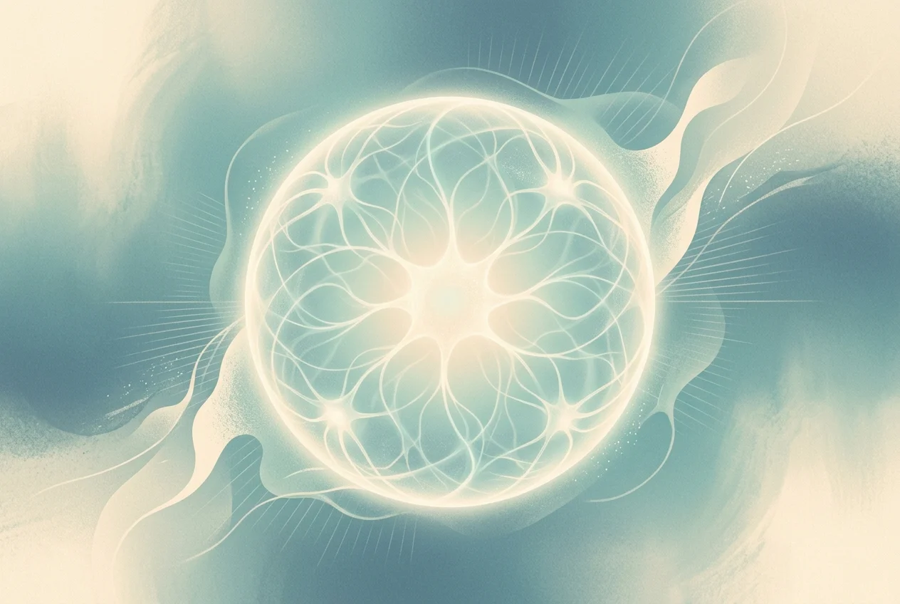 Abstract illustration of a calm mind with softly glowing neural pathways in a resting state, teal and amber tones
