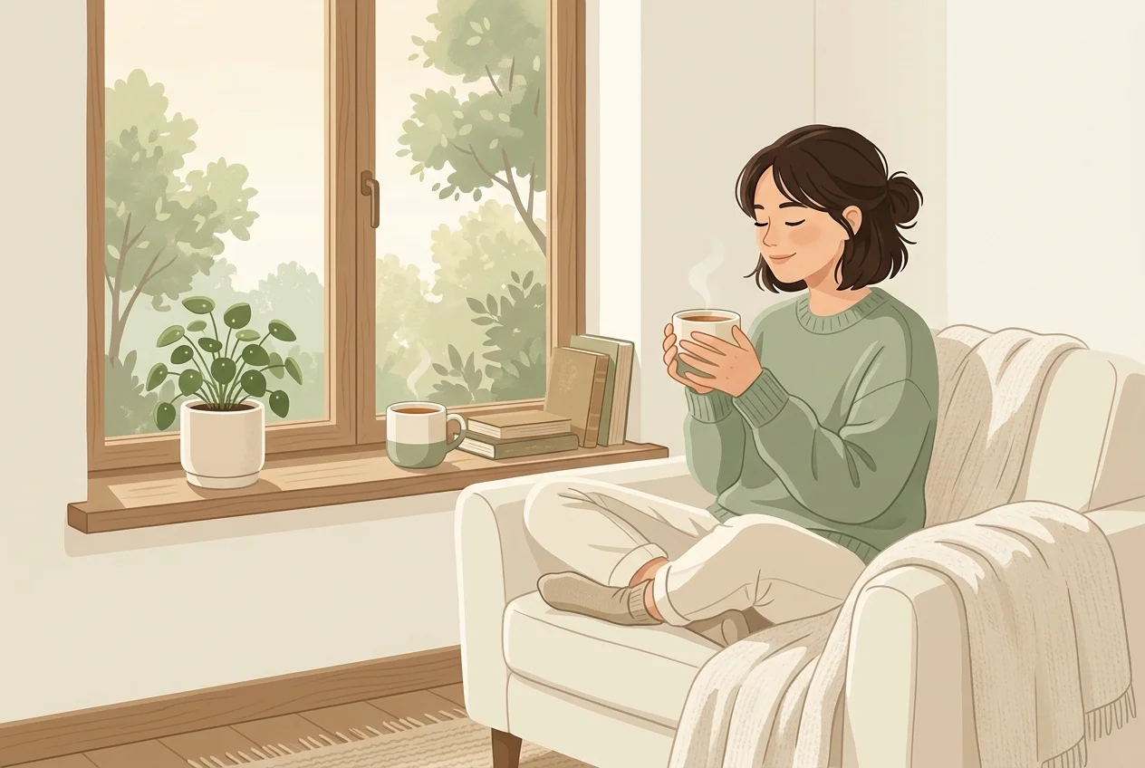 Person sitting quietly by a window with a cup of tea, no phone, genuine rest and mental recovery