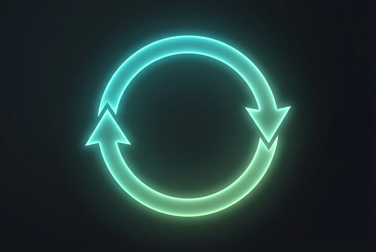Infinite circular loop of glowing video frames spiraling into each other, warm teal tones on dark background