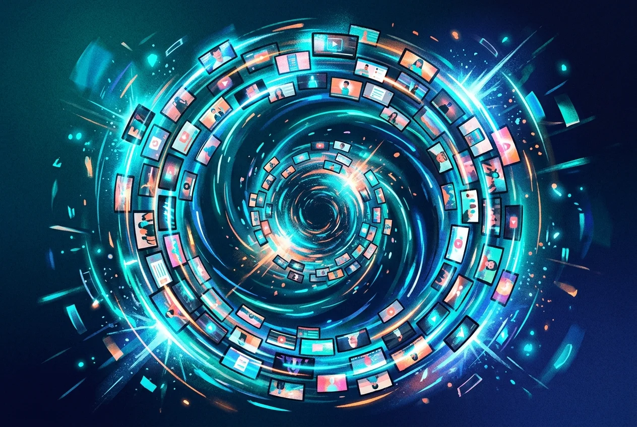 Abstract illustration of rapid-fire video clips cycling in a glowing loop, teal and electric blue on dark background