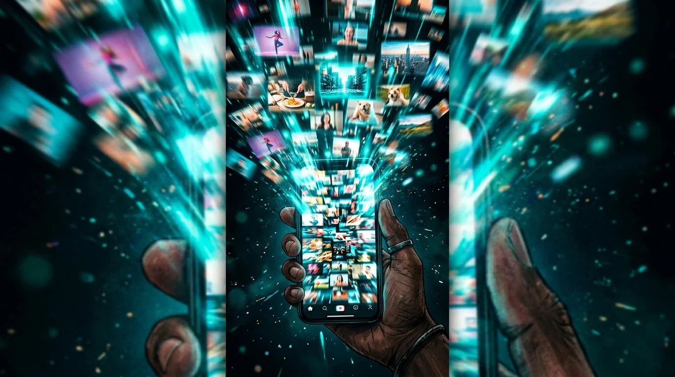 Endless stream of short-form video clips cascading like a waterfall into a glowing smartphone screen