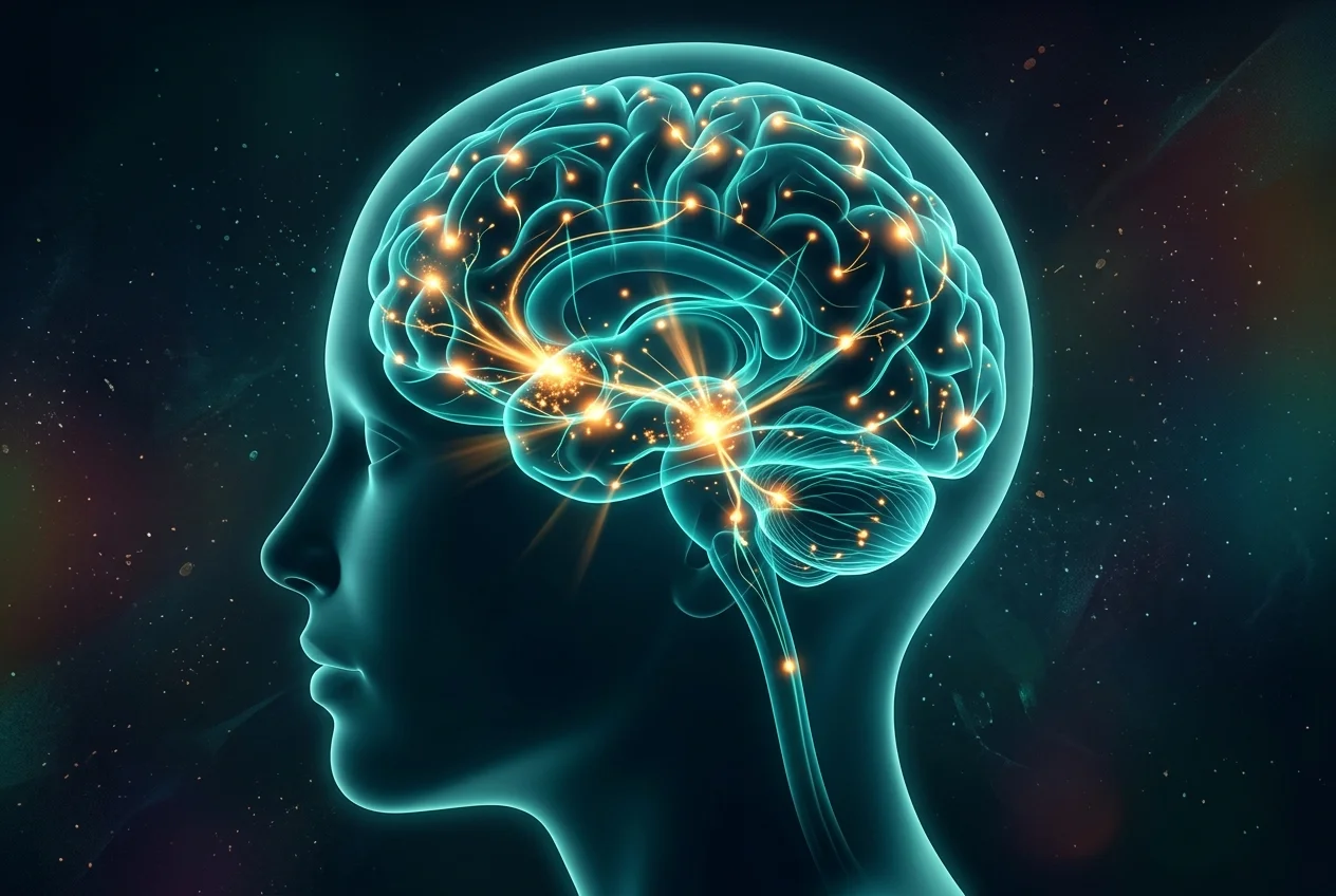 Abstract illustration of neural pathways lighting up in a brain, digital addiction neuroscience